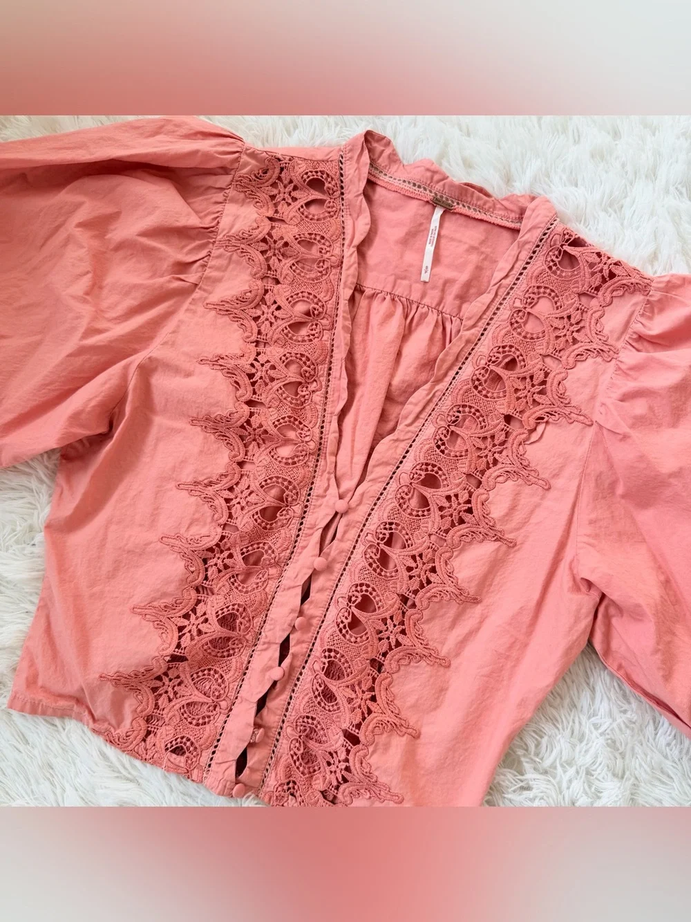 Free People Crop Crochet Trim Peach Pink Blouse w/ Balloon Puff Sleeves